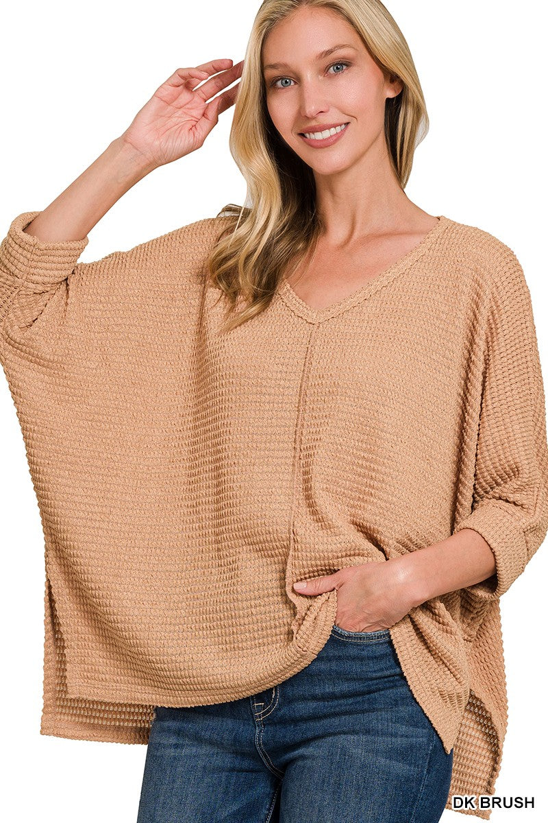3/4 Sleeve V-neck Hi-low Hem Jacquard Sweater
