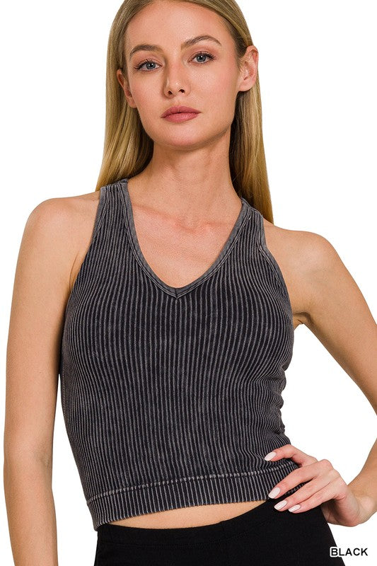 Washed Ribbed Seamless Bra Padded V-neck Tank Top