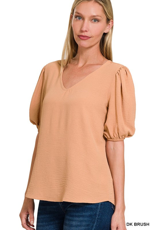 WOVEN AIRFLOW V-NECK PUFF SLEEVE TOP