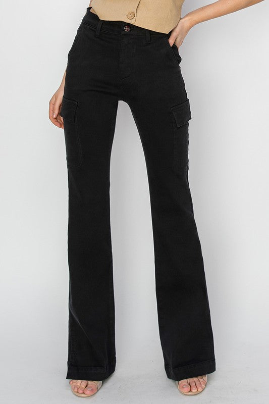 HIGH RISE COLOR CARGO SLIT HEM BOOTCUT PANTS