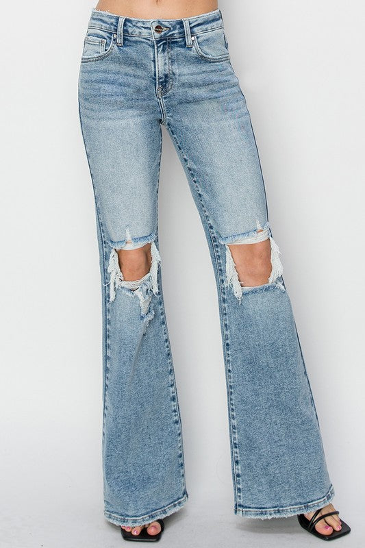 Mid Rise Distressed Flare Jeans