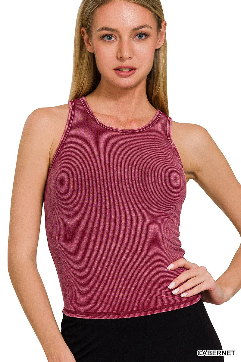Washed Racer Back Rib Tank Top W Removable Pads