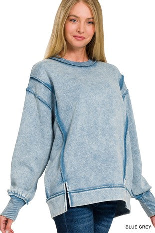 ACID WASH EXPOSED-SEAM FLEECE SWEATSHIRT