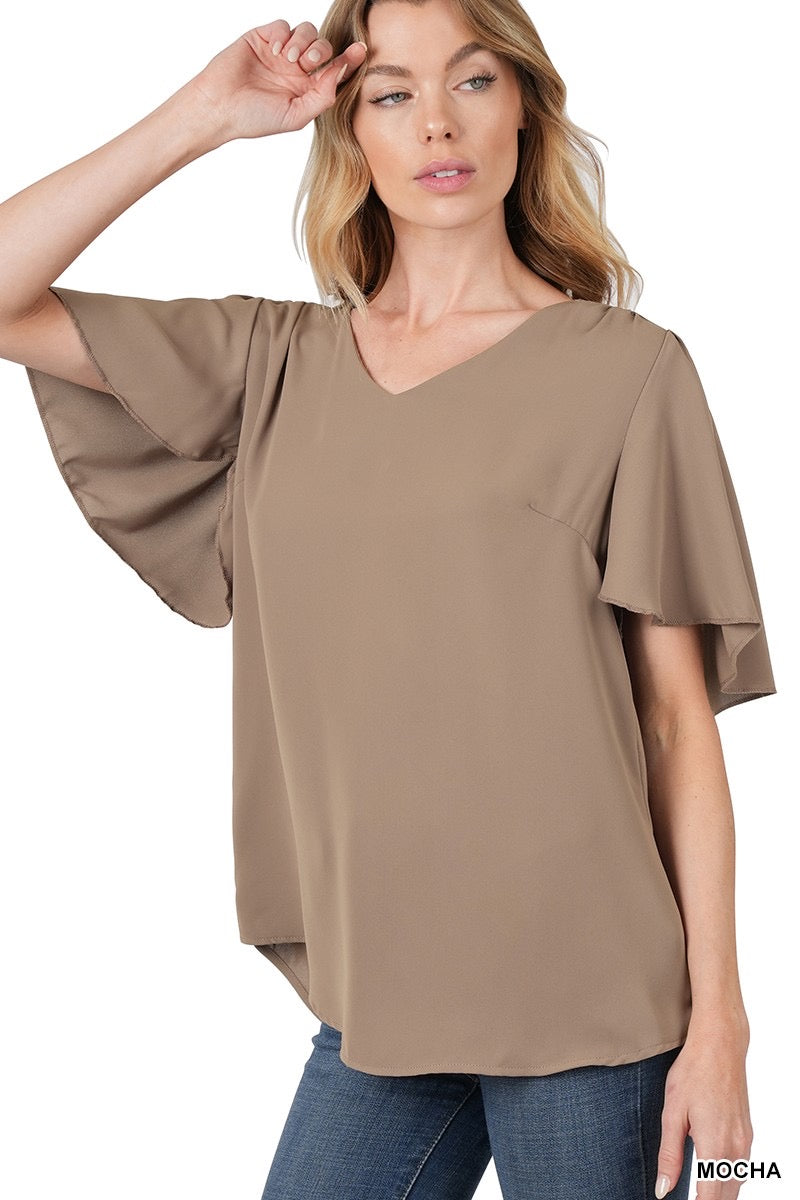 Woven Wool Peach Waterfall Sleeve V-Neck Top
