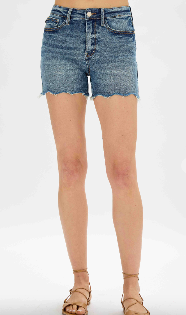 High Waist Scallop Fray Hem Shorts