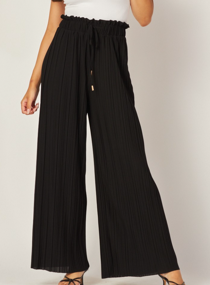 Pleated Paper Bag Drawstring Wide Leg Pants