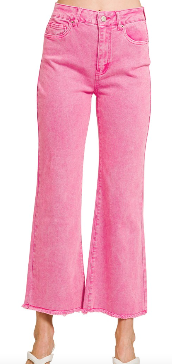 Acid Washed High Waist Frayed Hem Bootcut Pants