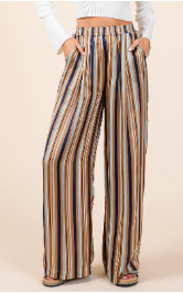 Multicolor Striped Print Satin Elastic Waist Pants