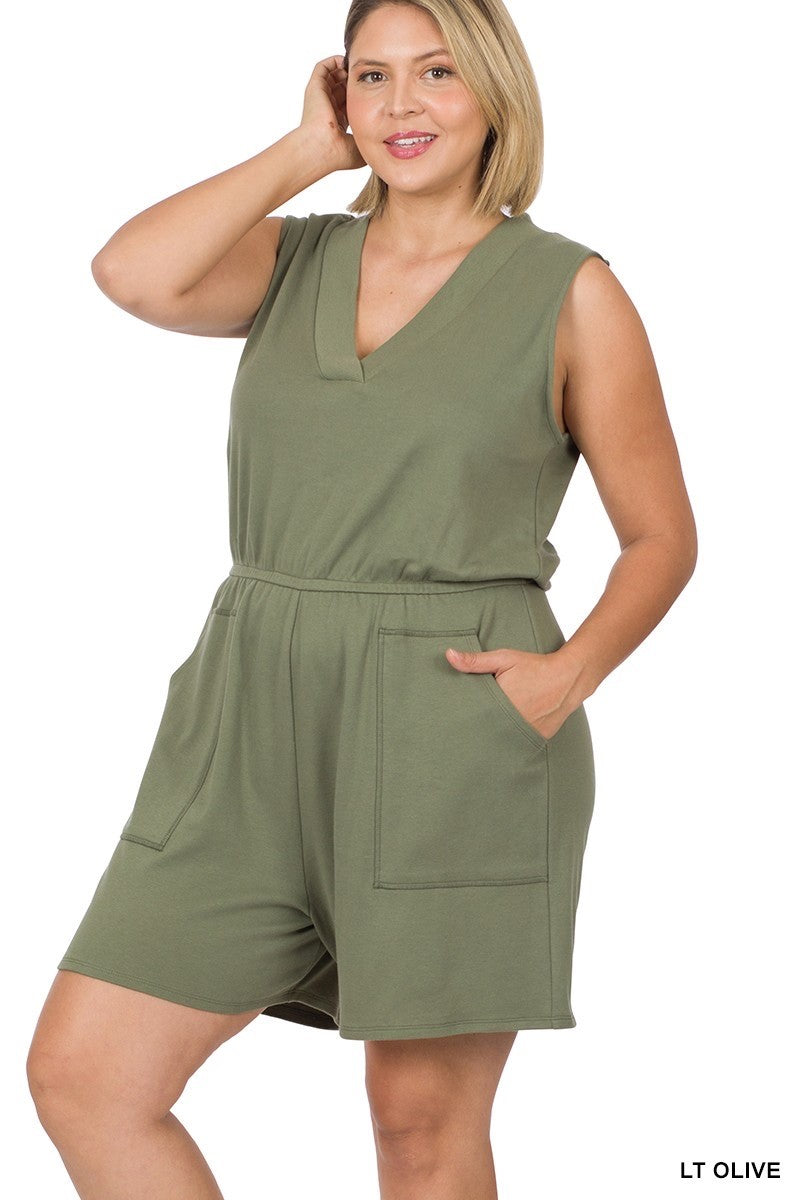 PLUS Cotton Sleeveless Romper With Pockets