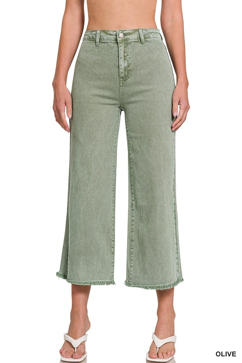 Acid Washed High Waist Frayed Hem Straight Pants