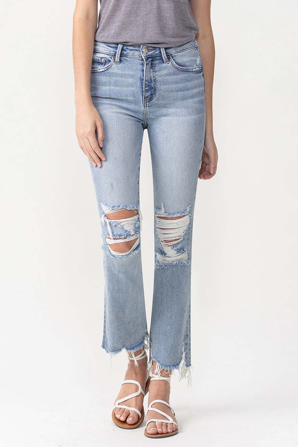 High Rise Crop Flare Distressed Jean