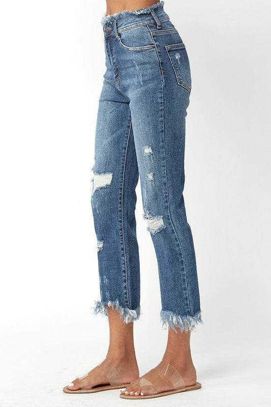 Risen High Rise Frayed Hem Straight Leg Jeans