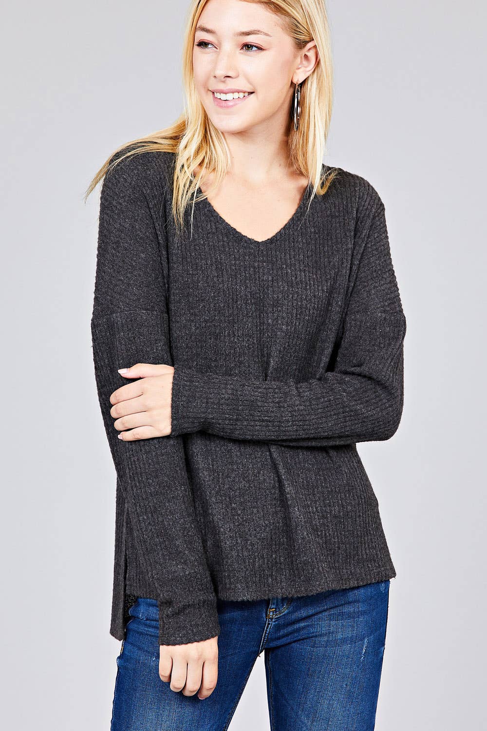 Charcoal Dolman Sleeve V-Neck Waffle Knit Top