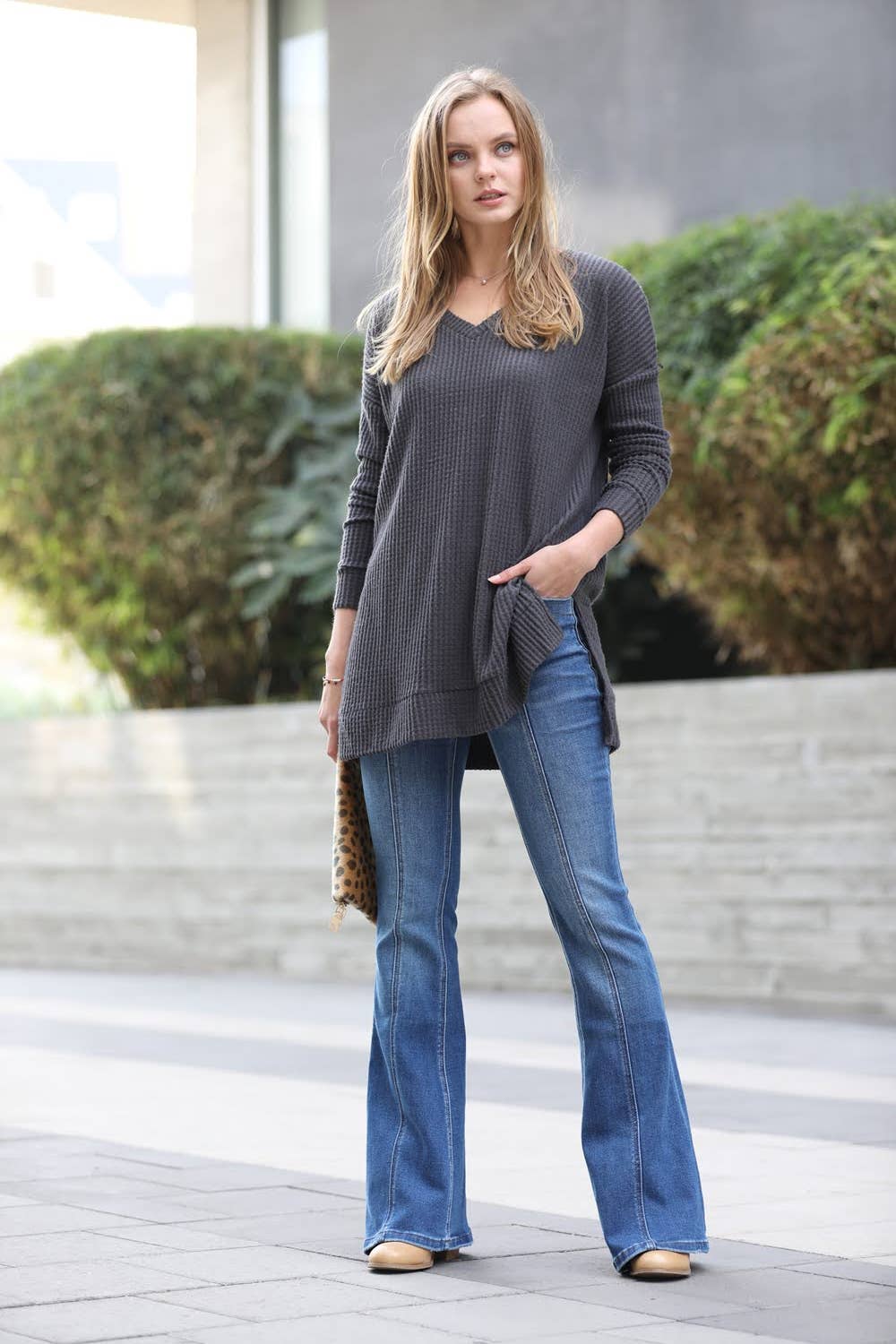 Brushed thermal waffle v-neck tunic