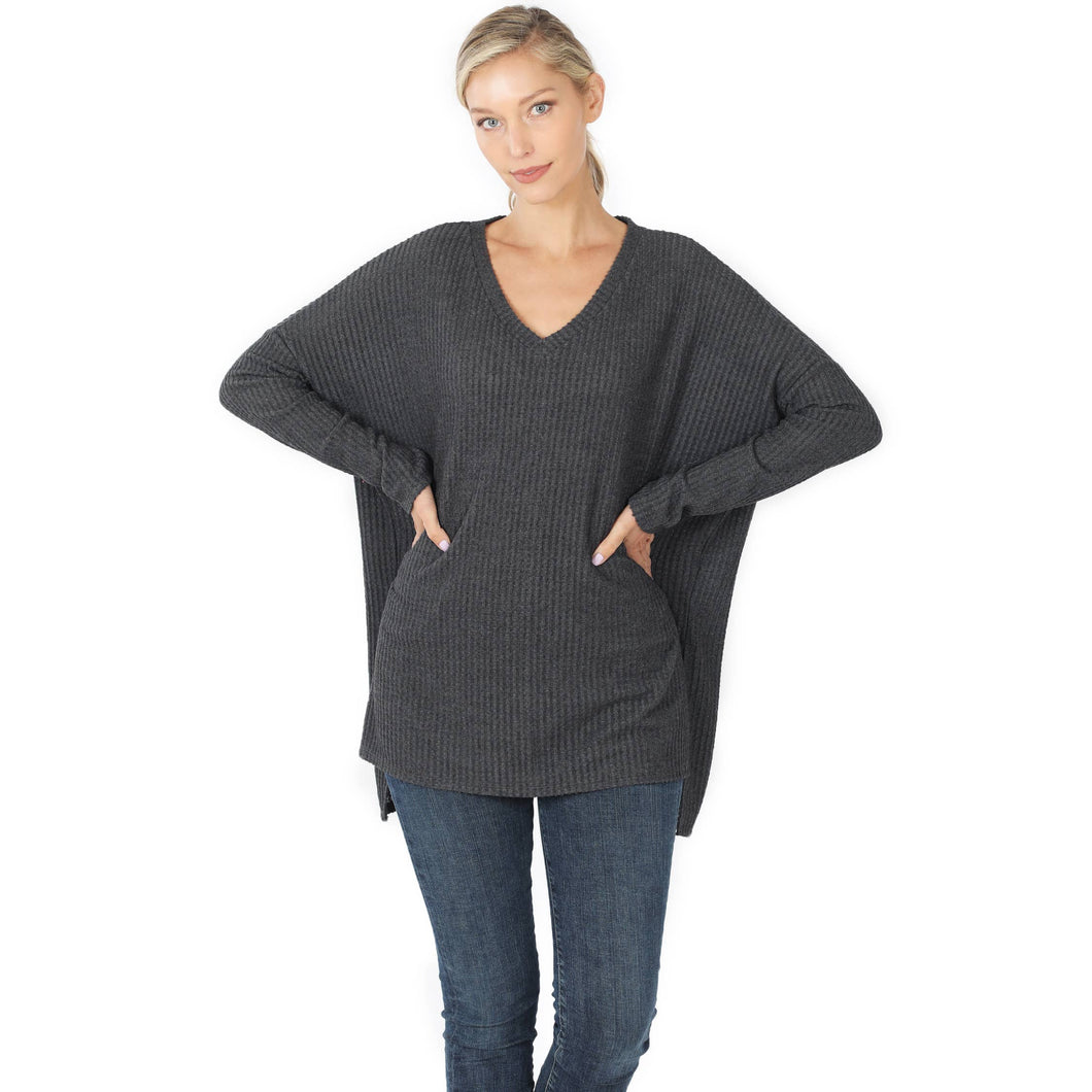 Brushed Waffle Knit V-Neck Sweater