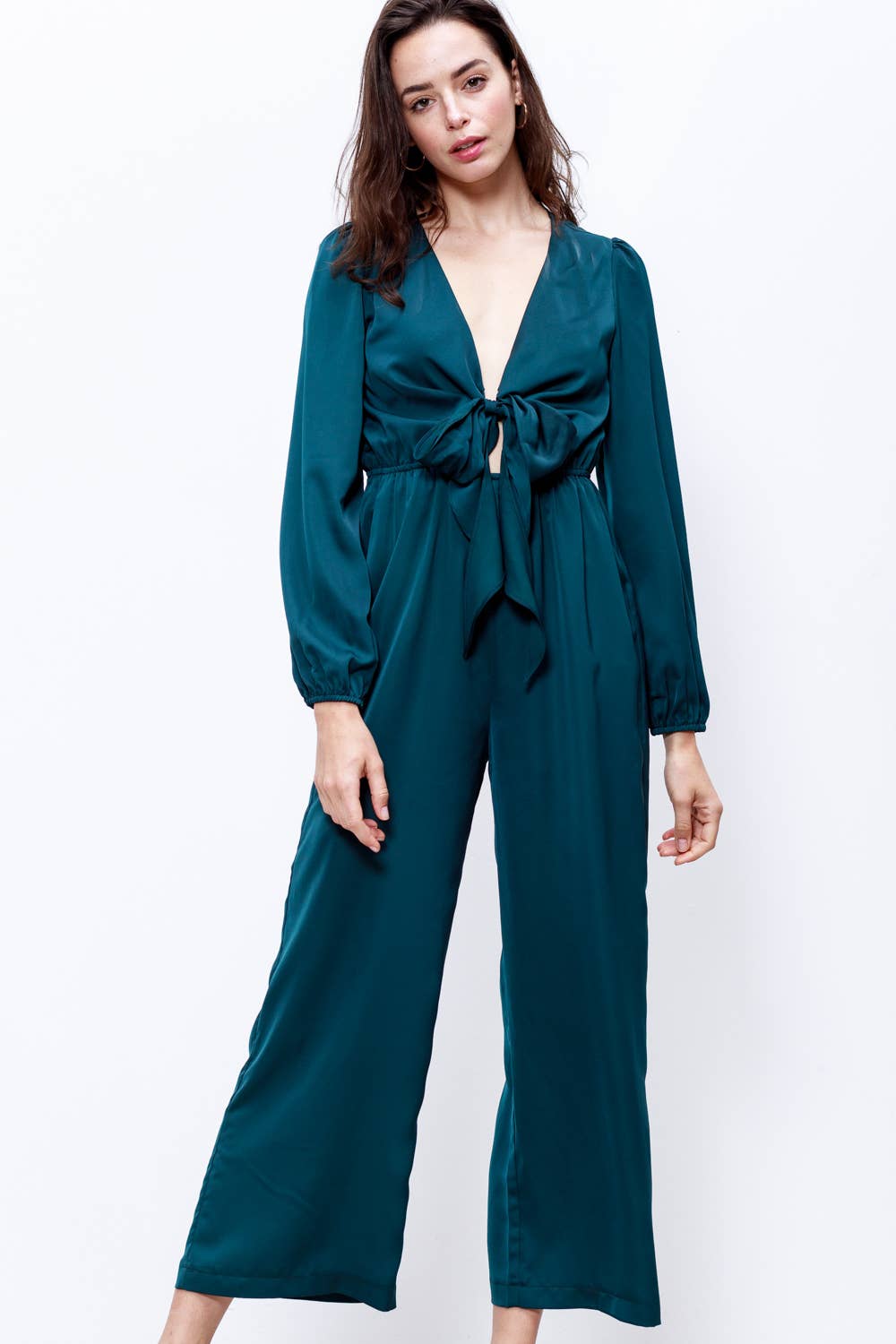 Satin Tie Front Long Sleeve Jumpsuit