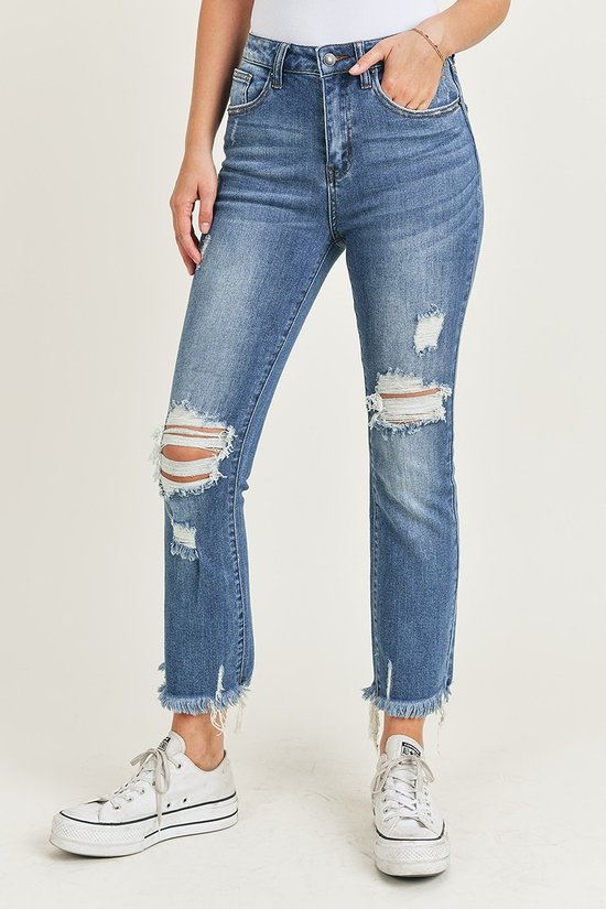 High Waisted Distressed Straight Leg Jeans